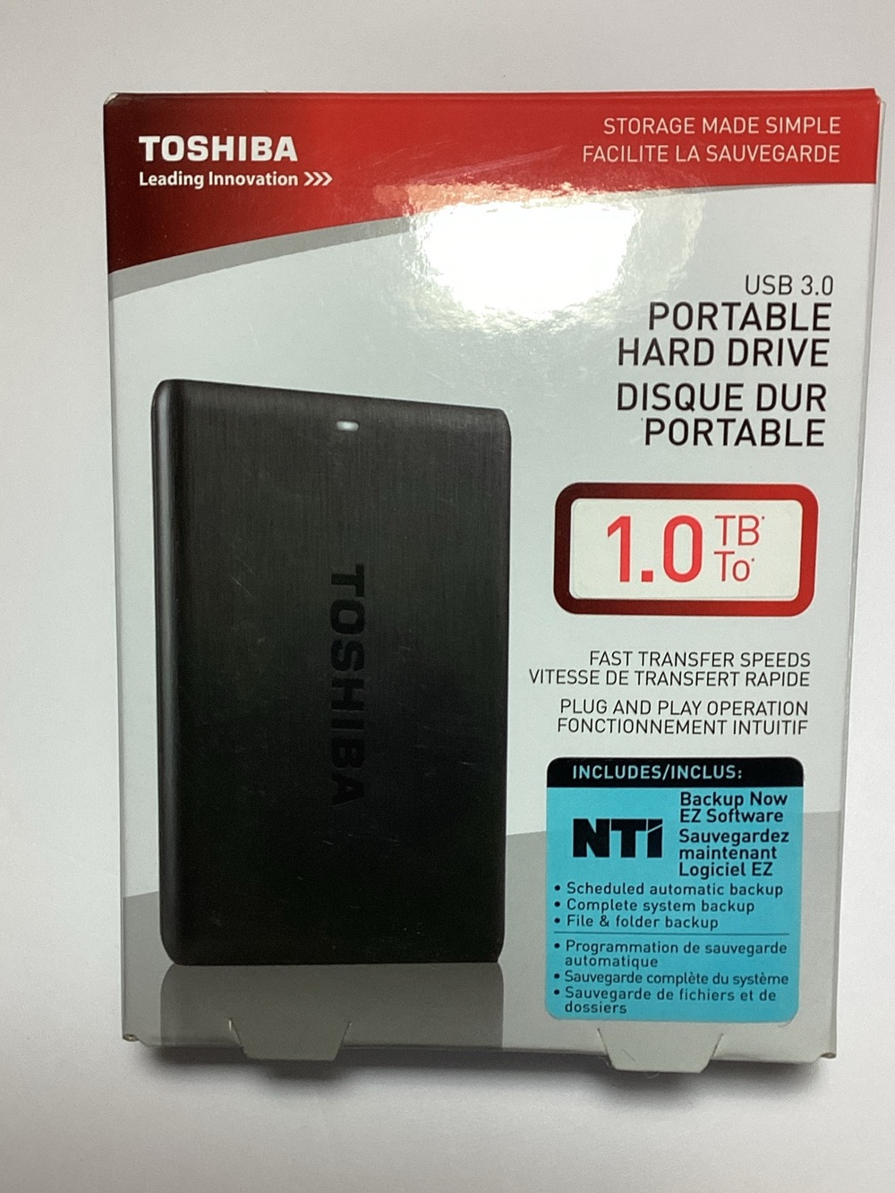 Toshiba Black Portable Hard Drive with Red and White Packaging